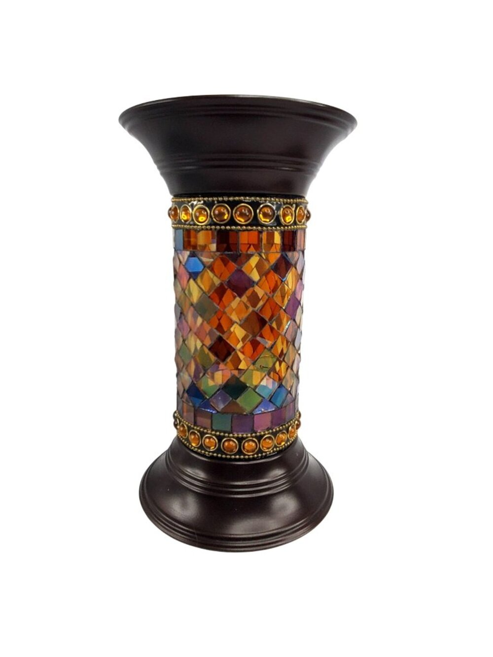 Partylite P9300 Global Fusion 9" Column Candle Holder Amber Mosaic Pattern NEW
